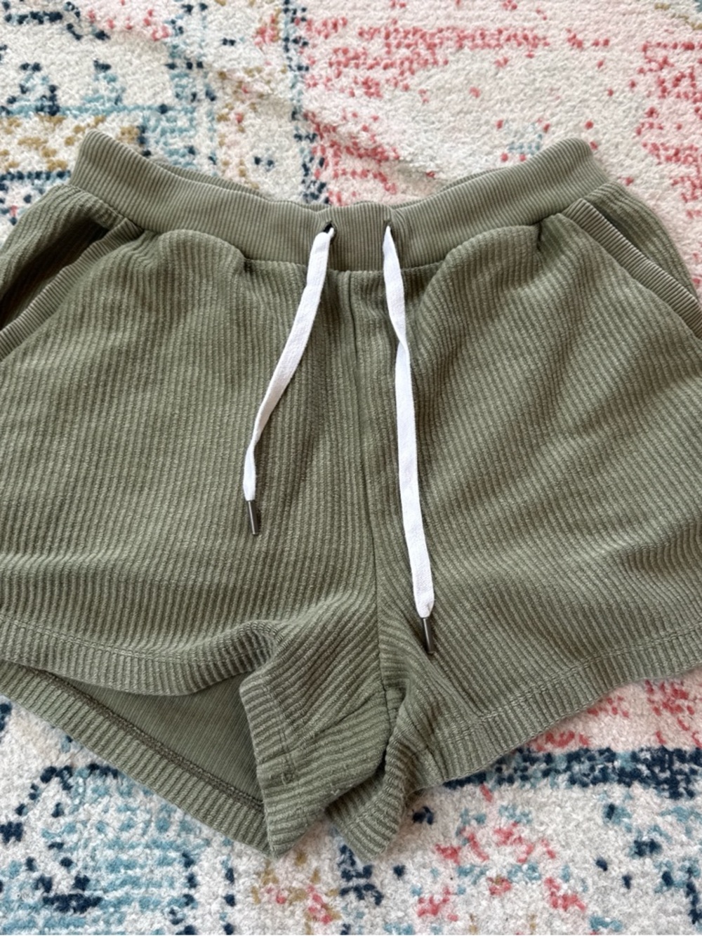 aerie Olive Ribbed Lounge Shorts with White Drawstring